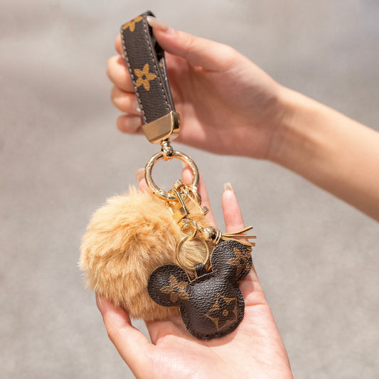 Luxury Mickey Keychain – Faux Leather & Fur Pom Charm for Handbag or Car
