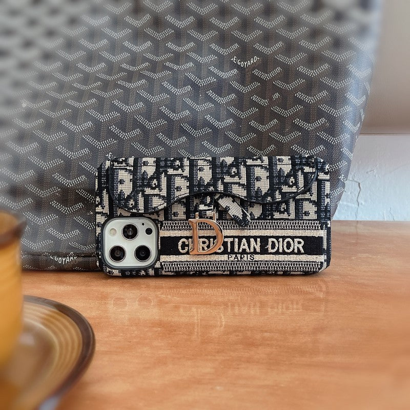 Capa para iPhone com bolsa de cartão em tecido preto e cinza da moda