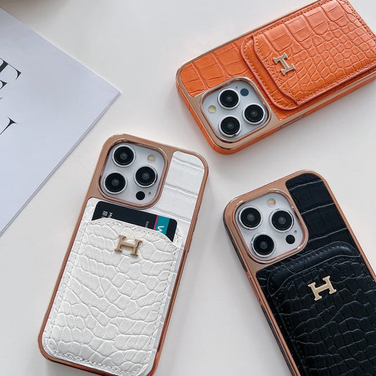 Funda de iPhone de cuero dorado rosa H