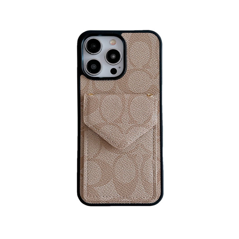 Capa clássica para iPhone com porta-cartões e alça marrom claro -SJ240513