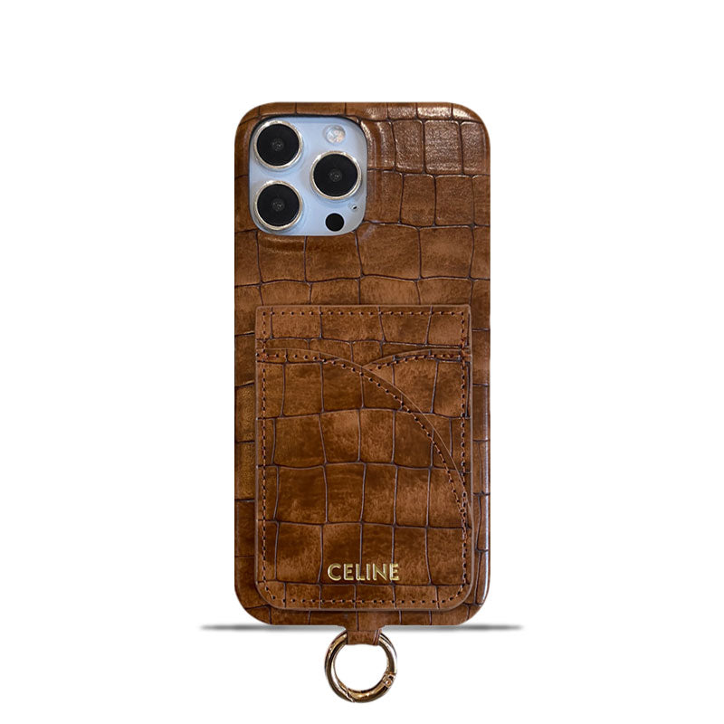 Husă Celine pentru iPhone Imprimată Aligator Cu Suport Card și Curea Maro -EYP241415