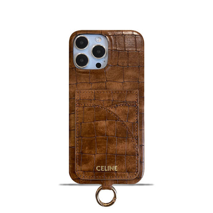 Husă Celine pentru iPhone Imprimată Aligator Cu Suport Card și Curea Maro -EYP241415