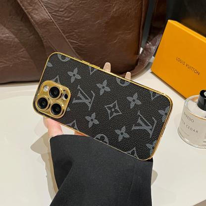 Funda clásica de lujo para iPhone con monograma y bordes dorados galvanizados