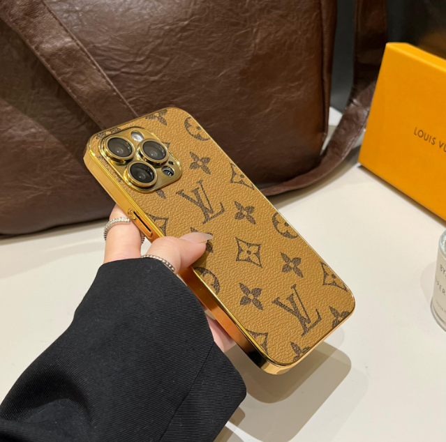 Funda clásica de lujo para iPhone con monograma y bordes dorados galvanizados