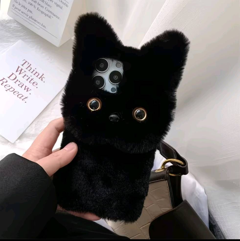 3D Fluffy Black Cat Plush Phone Case