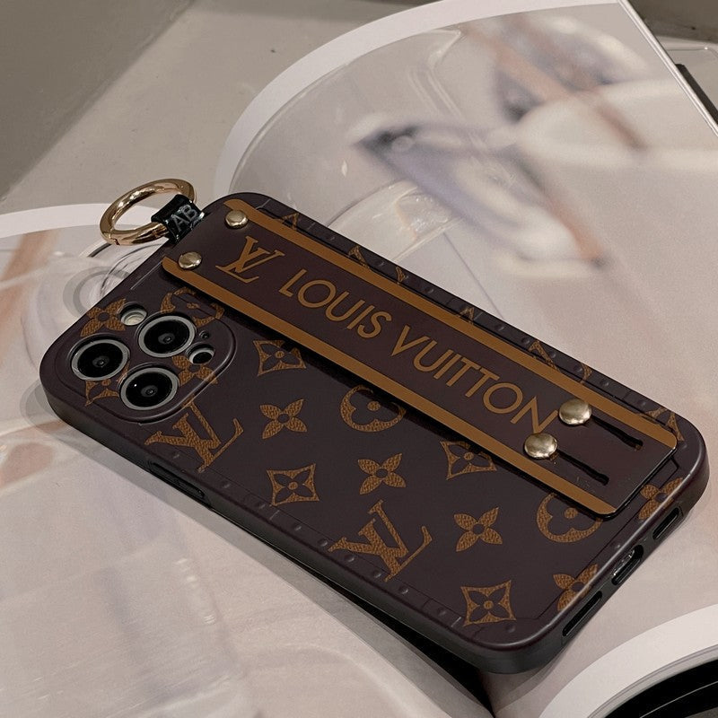 Capa luxuosa para iPhone com pulseira marrom