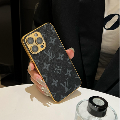 Funda clásica de lujo para iPhone con monograma y bordes dorados galvanizados