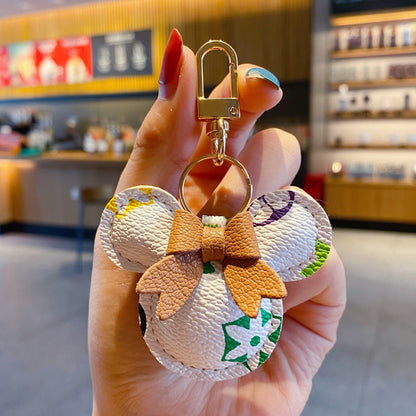 Luxury Mickey Keychain – Faux Leather & Fur Pom Charm for Handbag or Car