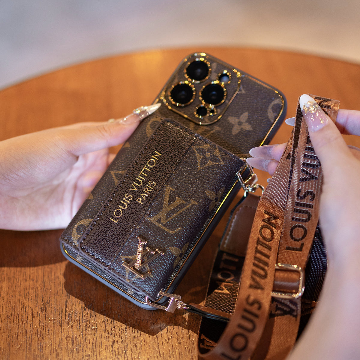 Luxury Monogram Wrist Strap Phone Case with Card Holder