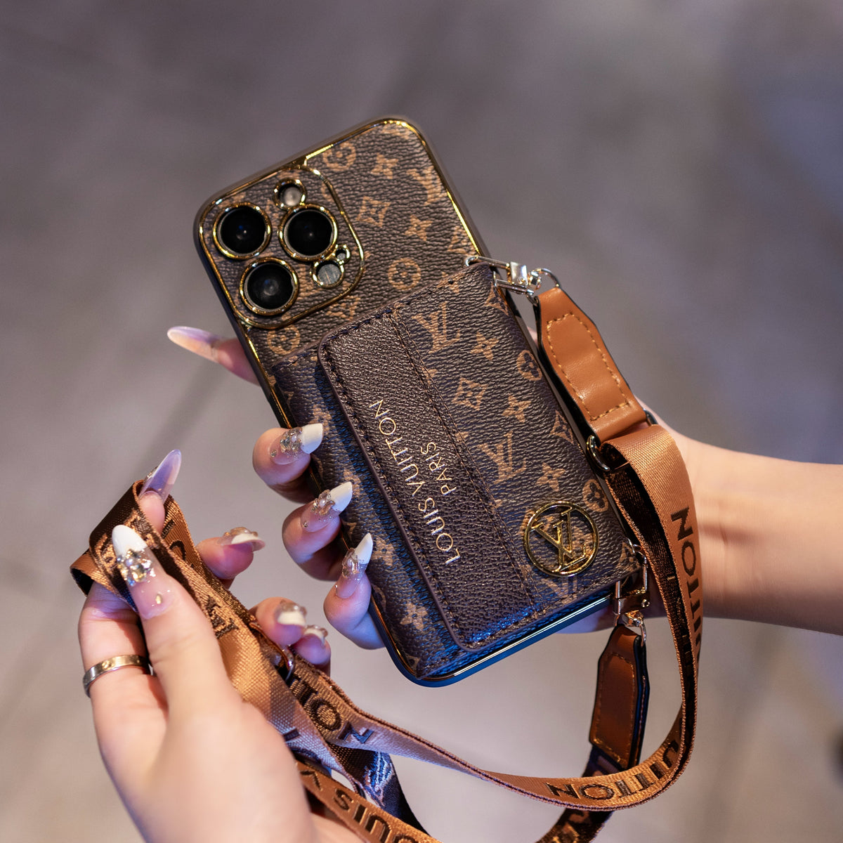 Luxury Monogram Wrist Strap Phone Case with Card Holder