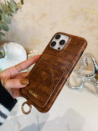 Husă Celine pentru iPhone Imprimată Aligator Cu Suport Card și Curea Maro -EYP241415