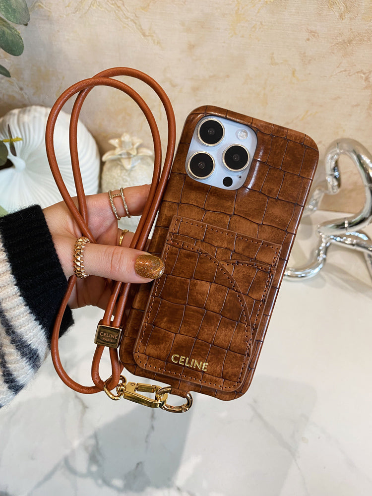 Husă Celine pentru iPhone Imprimată Aligator Cu Suport Card și Curea Maro -EYP241415