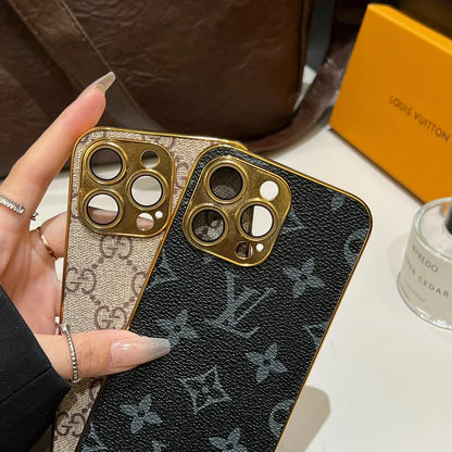 Funda clásica de lujo para iPhone con monograma y bordes dorados galvanizados