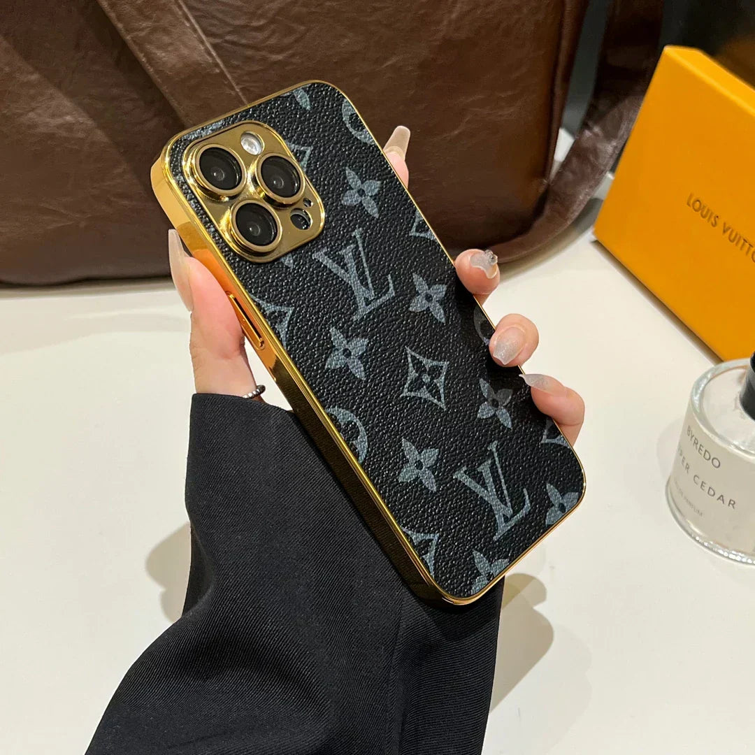 Funda clásica de lujo para iPhone con monograma y bordes dorados galvanizados