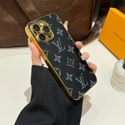 Funda clásica de lujo para iPhone con monograma y bordes dorados galvanizados