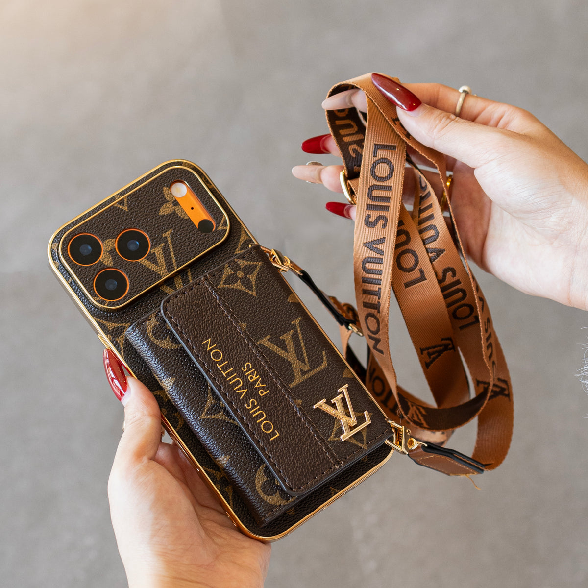 Luxury Monogram Wrist Strap Phone Case with Card Holder