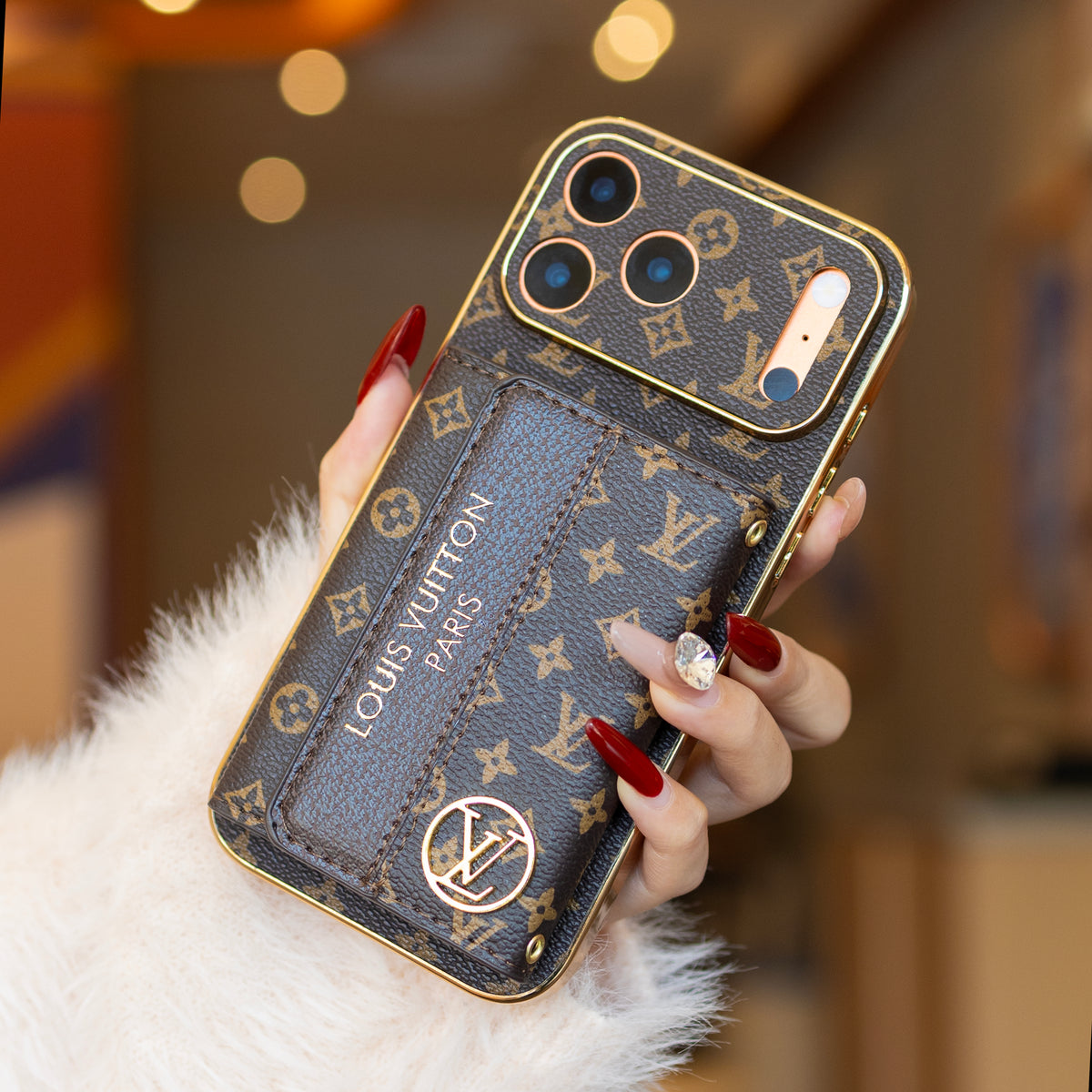 Luxury Monogram Wrist Strap Phone Case with Card Holder