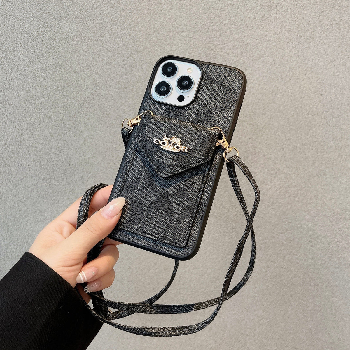 Klasszikus iPhone tok kártyatartóval és szíjjal, világos fekete - SJ240513