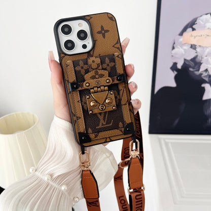 Capa luxuosa marrom com corrente crossbody para iPhone