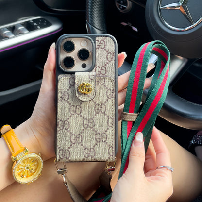 Luxusní crossbody pouzdro na iPhone s držákem na kartu a popruhem