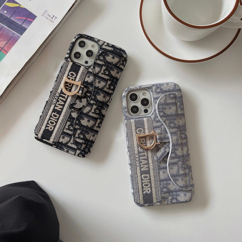 Capa para iPhone com bolsa de cartão em tecido preto e cinza da moda