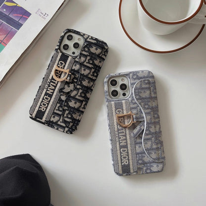 Capa para iPhone com bolsa de cartão em tecido preto e cinza da moda