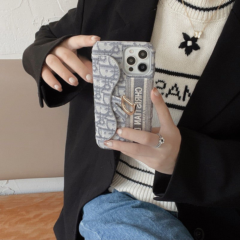 Capa para iPhone com bolsa de cartão em tecido preto e cinza da moda