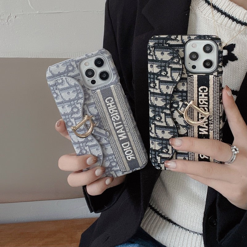 Capa para iPhone com bolsa de cartão em tecido preto e cinza da moda
