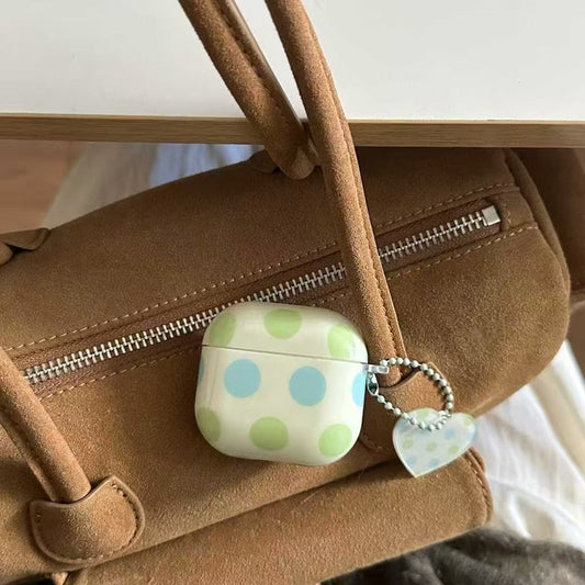 Polka Dot AirPods Case with Heart Charm – Pastel Blue & Green